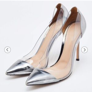 Gianvito Rossi Metallic Grey Leather and PVC Plexi Pointed Toe Pumps 36